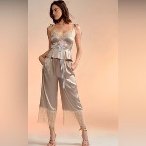 Cynthia Rowley Wide-Leg Lace-Trim Silk Pants